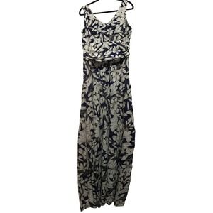 LONDON TIMES Navy Blue Floral Maxi Dress Ruched Waist Sleeveless V-Neck Womens 8